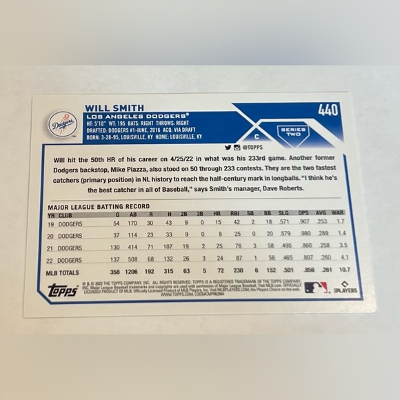 Trading card single baseball 2023 Topps . Series-2 # 440 Will Smith ( catcher) - Picture 2 of 7